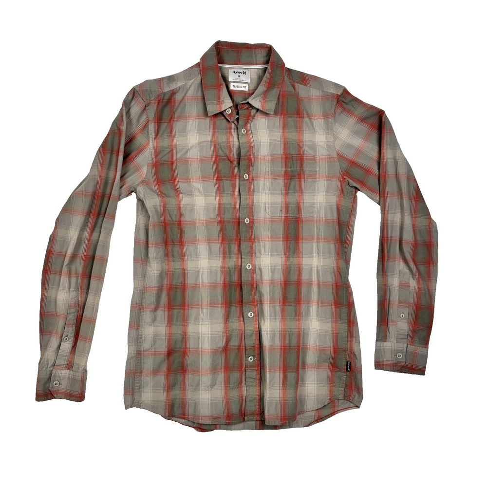 Hurley Shirt Mens Medium Earth Tone Plaid Button Up Long Sleeve Classic‎ Fit